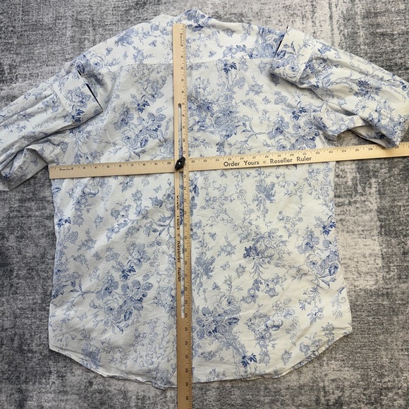Robert Graham Shirt Men Large White Blue Floral Band Collar Flip Cuff Art Party - Picture 13 of 14